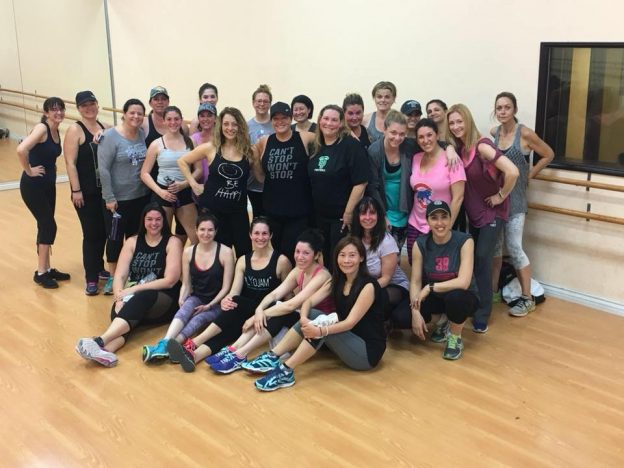 A photo of a full PlyoJam dance fitness class.